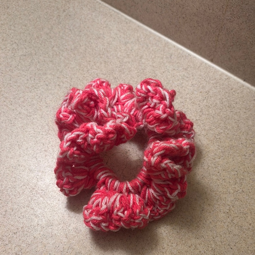 Vibrant Pink and White Knitted Hair Scrunchie